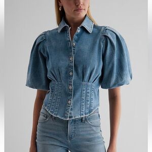Express Denim Puff Sleeve Corset Button Up Shirt